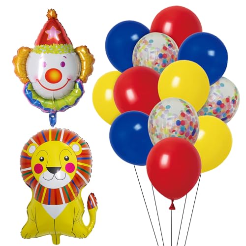 ALEGRE Zirkus Deko Tiere Folienballon,Karneval Deko Clown Ballon,Zirkus Spielzeug Löwe Luftballons Geburtstag,Luftballon Rot Blau Gelb Kindergeburtstag Deko,Konfetti Ballons für Baby Shower Party Deko von ALEGRE