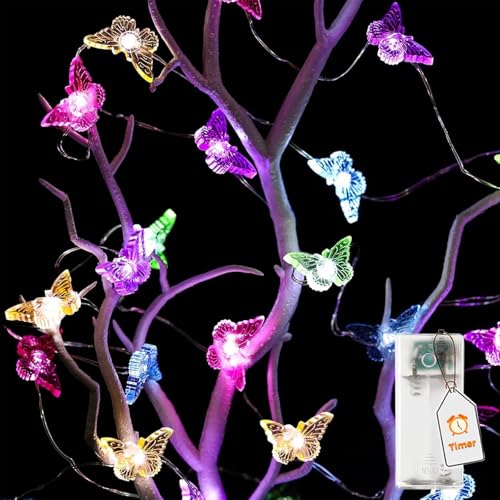 ALEGRE® LED Lichterkette Schmetterling mit Timer, 2M 20 LED Bunte Schmetterling Lichterkette, Schmetterling Deko Lichterketten Innen Außen, Lichterketten mit Timer für Hochzeit,Garten,Frühling Deko von ALEGRE