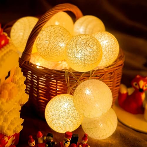 Baumwollkugeln Lichterkette Batterie,3M 20 LED Lichterkette Baumwollkugeln, 4cm Cotton Balls Lichterketten Innen Außen, Warmweiß Lichterketten Batteriebetrieben für Weihnachten, Kinderzimmer, Hochzeit von ALEGRE