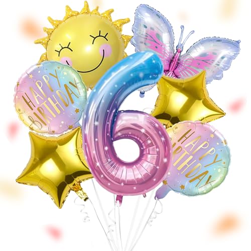 LEGRE® Sonne Schmetterlinge Deko 6 Geburtstag Mädchen, Folienballon Schmetterling Deko Luftballon 6. Geburtstag, Geburtstagsdeko Mädchen 6 Jahre, Kindergeburtstag Deko für Schmetterling Themen Party von ALEGRE