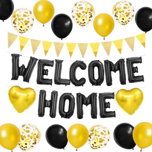 Willkommen Zuhause Ballon Welcome Home Deko Schwarz Gold,Welcome Back Deko Set mit Wimpel und Welcome Home Ballon Girlande,Herzlich Willkommen Zurück Deko für Babyshower,Familie Party,Einweihung Party Willkommen Zuhause Ballon Welcome Home Deko Schwarz Gold,Welcome Back Deko Set mit Wimpel und Welcome Home Ballon Girlande,Herzlich Willkommen Zurück Deko für Babyshower,Familie Party,Einweihung Party von ALEGRE