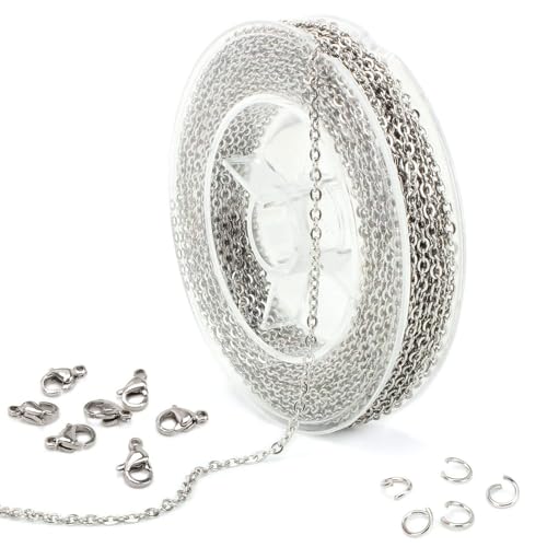 10 Meter Schmuckherstellung Kette Edelstahl Überzogene Halskette Kabel Kette Metallkette mit 50 Sprung Ringe und 20 Karabinerverschlüsse für Schmuck Herstellung von ALEXCRAFT