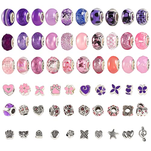 ALEXCRAFT Großen Löchern Perlen Zum Auffädeln, 60 Stück Runde Groß Glasperlen Set für Schmuckherstellung Charm Armbänder DIY, Perlen zum Auffädeln Geschenke für Mädchen Kinder Freundschaft (Rosa/Lila) von ALEXCRAFT