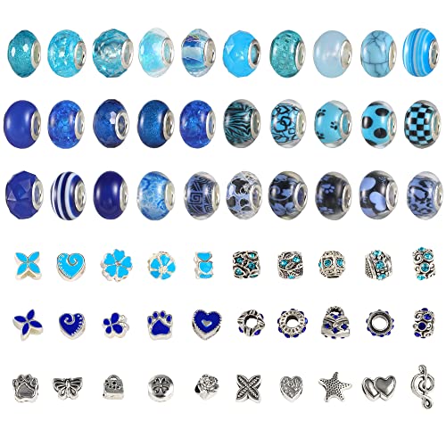 ALEXCRAFT Großen Löchern Perlen Zum Auffädeln, 60 Stück Runde Groß Glasperlen Set für Schmuckherstellung Charm Armbänder DIY, Perlen zum Auffädeln Geschenke für Mädchen Kinder Freundschaft, Blau von ALEXCRAFT