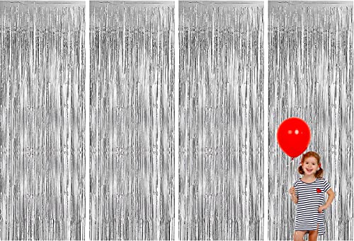 4 Stück Metallische Lametta Vorhang Silber Glitzer Folien Fransen Vorhänge Bunt Hintergrund Partydekor Vorhang für Geburtstag Bachelorette Party Bühnendekor Fenster Foto Requisiten - 1m x 2.5m von ALFFREUDE