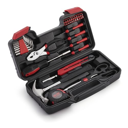 ALFKET Werkzeug-Set 39 tlg, Werkzeugkoffer für Haushalt inkl Zangen Hammer Schraubendreher Schrauber-Bits Messer Maßband, Werkzeugbox für Haushalt DIY Autos Garage Campingplatz, Rot von ALFKET