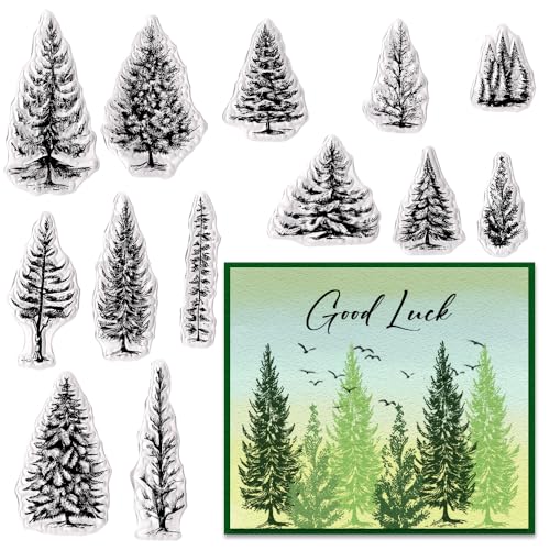 ALIBBON 12 Weihnachtsbäume Clear Stamps für Kartenherstellung und Fotoalbum Dekorationen, Schneebaum Stempel, Frohe Weihnachten Transparente Silikonstempel zum Basteln und DIY Scrapbooking von Alibbon