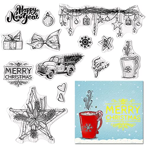 ALIBBON Frohe Weihnachten Stern Klar Stempel für Kartenherstellung und Fotoalbum Dekorationen, Weihnachtsbaum LKW Bogen Transparent Silikon Klar Stempel für Basteln und DIY Scrapbooking von ALIBBON