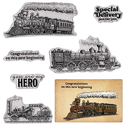ALIBBON Vintage Trains Clear Stamps for Card Making and Photo Album Decorations, Steam Car Clear Stamps, You Are My Hero Words Transparent Silicone Clear Stamps for Crafting and DIY Scrapbooking von ALIBBON
