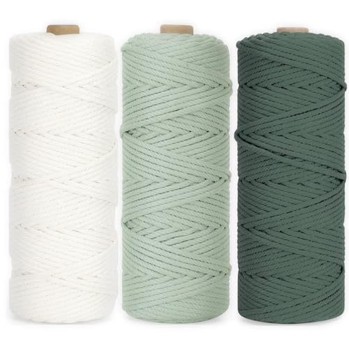 Makramee Garn 3 mm x 100 m, 3 Stück Baumwollkordel, Makramee Garn Set, Baumwollkordel Natur 3mm, Makramee Grün für Basteln Stricken Boho Deko DIY Handwerk, Cotton Cord Macrame, Bobbiny 3mm von ALICEEDG