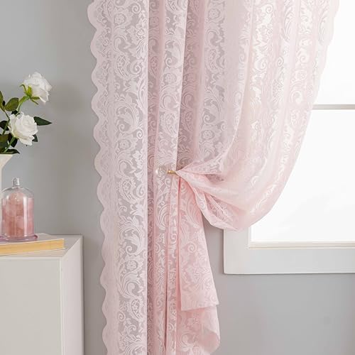 ALIGOGO Vorhänge, transparent, 160 cm Länge, für Kinderzimmer, 2 Stück, französische Blumenspitze, kokett, Vorhänge für Wohnzimmer, Tunnelzug, Heimdekoration, ästhetisch, 132 x 160 cm, Rosa von ALIGOGO
