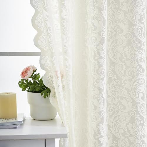 Aligogo, elfenbeinfarbene Küchenvorhänge 114 cm lang, Landhaus-Kurzgardine aus Spitze, Blumenmuster, bestickt, lichtdurchlässig, Stangendurchzug, gehäkelter Abschluss, 2 Paneele, 132 x 114 cm von ALIGOGO