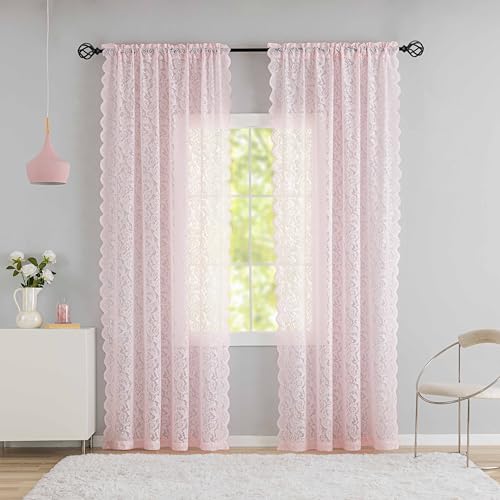Boho-Vorhänge, 244 cm lang, Vintage-Spitze für Wohnzimmer, Schlafsaal, Kinderzimmer, Voile-Vorhänge, halbtransparent, modernes Bauernhaus-Dekor, 2 Stück (B x L), 132 x 244 cm, Blassrosa von ALIGOGO