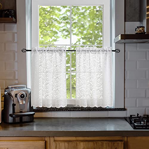 Weiße Kurzgardinen, 61 cm lang, 2er-Set – schicke kleine Spitzenvorhänge mit Blumenmuster für Wohnwagenfenster oder Kellerfenster, 66 x 61 cm Weiße Kurzgardinen, 61 cm lang, 2er-Set – schicke kleine Spitzenvorhänge mit Blumenmuster für Wohnwagenfenster oder Kellerfenster, 66 x 61 cm von ALIGOGO