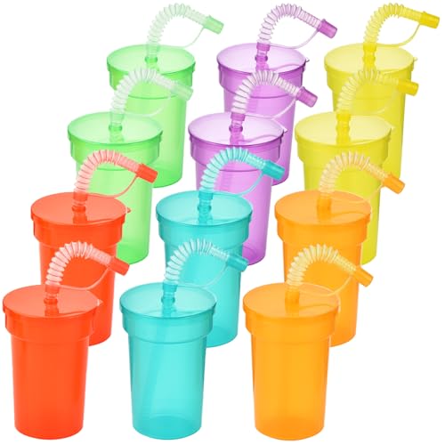 ALINK 12 Pack Kinder Party Becher,Plastikbecher,Trinkbecher Set mit Deckel Strohhalm,Eiskaffee,Kaltes Trinken,Smoothie Saft (380ML) von ALINK