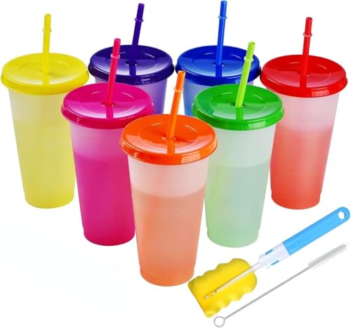 ALINK 7 Stück Becher Tasse Trinkbecher mit Strohhalm & Deckel - 680ml Farbwechselbecher Mehrweg Plastikbecher Kinder Tasse Cup Travel Mug Tumbler Eiskaffee Kaltes Trinken Smoothie Saft von ALINK