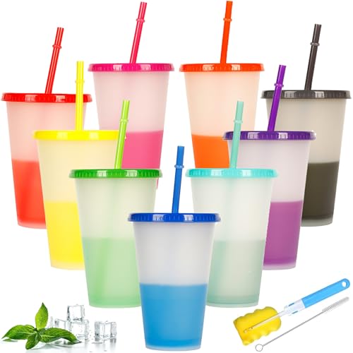 ALINK 9 Stück Becher Tasse Trinkbecher mit Strohhalm & Deckel - 480ml Farbwechselbecher Mehrweg Plastikbecher Kinder Tasse Cup Travel Mug Tumbler Eiskaffee Kaltes Trinken Smoothie Saft von ALINK