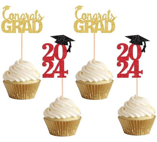 ALISSAR Cupcake-Topper, glitzernd, Rot, 2024 Abschlussfeier, Cupcake-Topper, Kuchendekoration für Abschlussfeier 2024, 48 Stück von ALISSAR