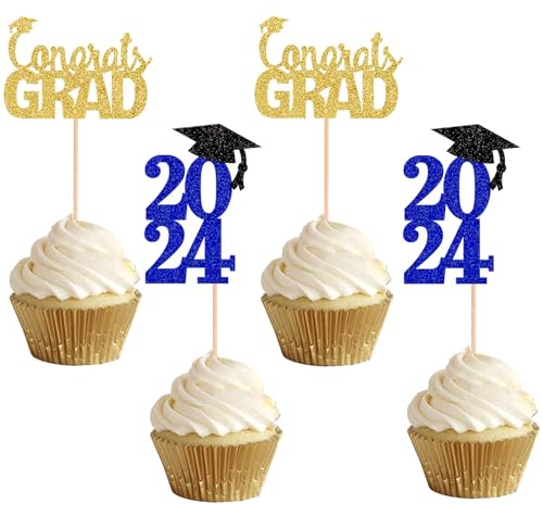 Cupcake-Topper, Cupcake-Topper, Cupcake-Topper, Kuchendekoration für Abschlussfeier 2024, glitzernd, Blau, 48 Stück von ALISSAR