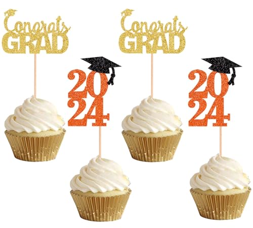 Cupcake-Topper, Cupcake-Topper, Cupcake-Topper, Kuchendekoration für Abschlussfeier 2024, glitzernd, Orange, 48 Stück von ALISSAR