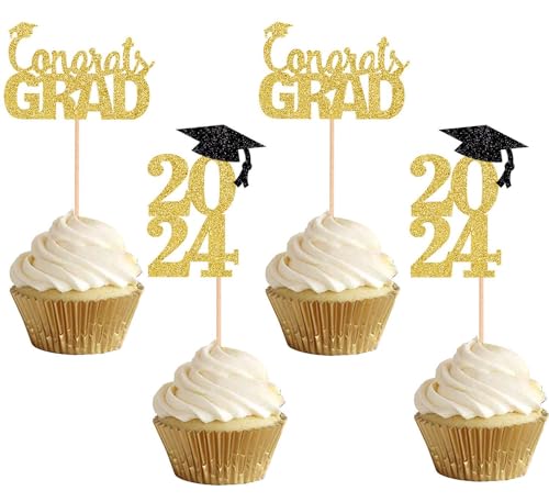 Cupcake-Topper, glitzernd, goldfarben, 2024 Abschlussfeier, Cupcake-Topper, Kuchendekoration für Abschlussfeier 2024, 48 Stück von ALISSAR