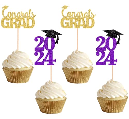Cupcake-Topper, glitzernd, violett, 2024 Abschlussfeier, Cupcake-Topper, Kuchendekoration für Abschlussfeier 2024, 48 Stück von ALISSAR