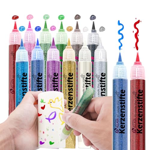 ALLAVA 12 Stück Kerzenstifte, Glitzerstifte 10ML, Kerzen Bemalen Set Wachsstifte für Kerzen, Candle Pen Kerzenfarbe KerzenpenIdeal zum Kerzen Dekorieren & Gestalten (Glitzernder Goldstaub) von ALLAVA