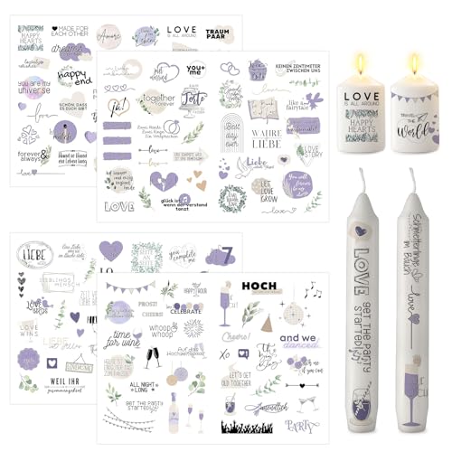 ALLAVA 4 Stück Kerzentattoos, Kerzen Tattoo Hochzeit, Hochzeitskerze Sticker, Wasserschiebefolie Kerzen für Hochzeit Deko, Kerzen Dekorieren, Kerzensprüche (Lila) von ALLAVA