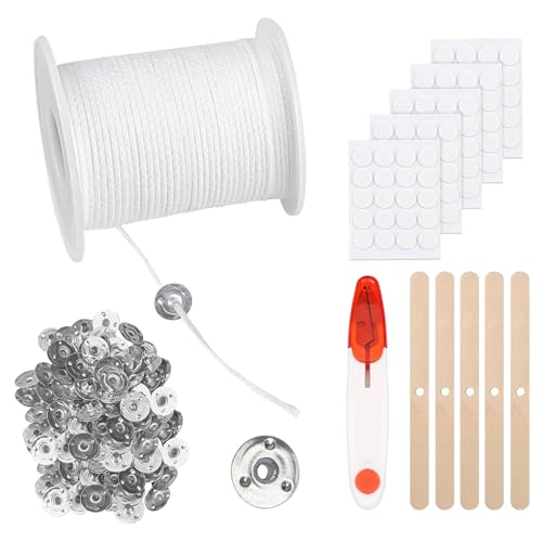 ALLAVA 6100cm Kerzendocht, Dochte für Kerzen mit 100 Stück Dochthalter, 100 Stück Kerzen Sticker, Rauchfrei Kerzendochte für Kerzen, Cotton Candle Wick für DIY Kommunionkerze Duftkerzen Öllampen von ALLAVA