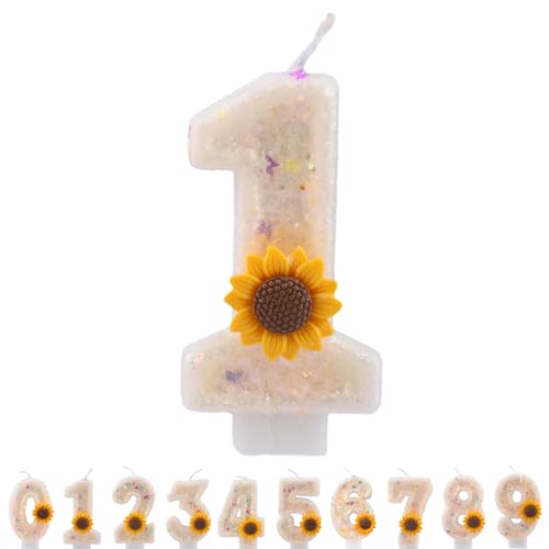 ALLVA Kerzen Geburtstag 1, Geburtstagskerzen Sonnenblume Zahlen Mädchen, Glitzernde Kerze 1, Geburtstagskerzen für Kinder, Erwachsene,Geburtstagsfeier, Jubiläum, Meilenstein (Nummer 1) von ALLAVA