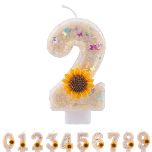 ALLAVA Kerzen Geburtstag 2, Geburtstagskerzen Sonnenblume Zahlen Mädchen, Glitzernde Kerze 2, Geburtstagskerzen für Kinder, Erwachsene,Geburtstagsfeier, Jubiläum, Meilenstein (Nummer 2) von ALLAVA