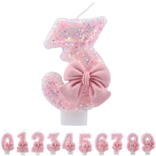 ALLVA Kerzen Geburtstag 3, Geburtstagskerzen Zahlen Mädchen, Glitzernde Kerze 3, Geburtstagskerzen für Kinder, Erwachsene,Geburtstagsfeier, Jubiläum, Meilenstein (7,5cm, Rosa) von ALLAVA