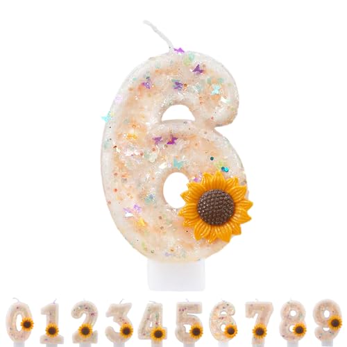 ALLVA Kerzen Geburtstag 6, Geburtstagskerzen Sonnenblume Zahlen Mädchen, Glitzernde Kerze 6, Geburtstagskerzen für Kinder, Erwachsene,Geburtstagsfeier, Jubiläum, Meilenstein (Nummer 6)… von ALLAVA
