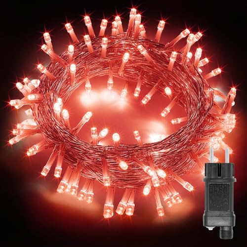 ALLBASA Lichterkette 8 Modi 10 m 100 LEDs, für Weihnachtsbaum, Hochzeit, Party, Lichterkette mit Stecker Außen und Innen (Rot, transparenter Faden) von ALLBASA