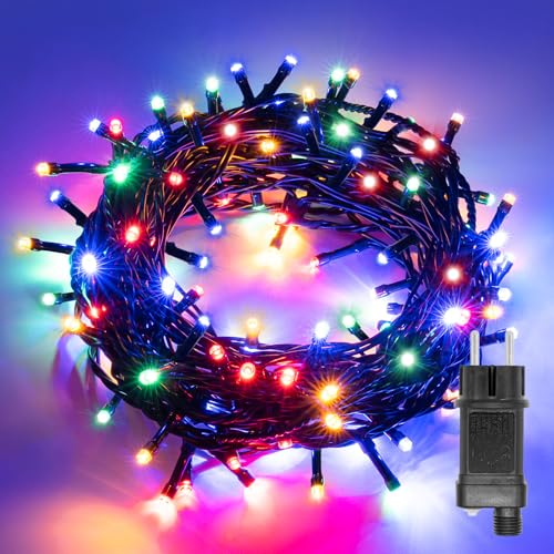 ALLBASA Lichterkette 8 Modi 10 m 100 LEDs, für Weihnachtsbaum, Hochzeit, Party, Lichterkette mit Stecker Außen und Innen (bunt, grüner Draht) von ALLBASA