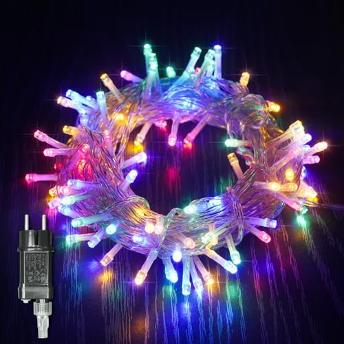 ALLBASA Lichterkette 8 Modi 10 m 100 LEDs, für Weihnachtsbaum, Hochzeit, Party, Lichterkette mit Stecker Außen und Innen (bunt, transparenter Faden) von ALLBASA
