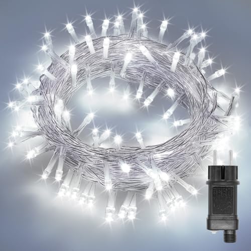 ALLBASA Lichterkette 8 Modi 10 m 100 LEDs, für Weihnachtsbaum, Hochzeit, Party, Lichterkette mit Stecker Außen und Innen (weiß, transparenter Faden) von ALLBASA