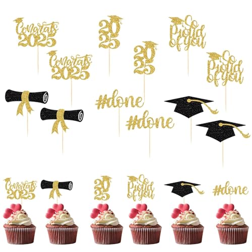 24 Stück 2025 Graduation Cupcake Topper, Glitzer Congrats Klasse 2025 Diplom Cap Cupcake Abschlussfeier Thema Party Kuchen Dekorationen Supplies von ALLGAYER