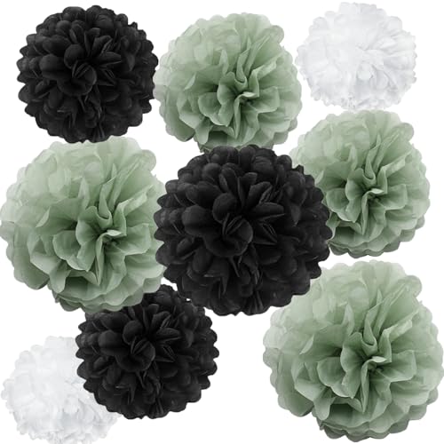 9 x Salbeigrün / schwarze Zimmerdekoration, Seidenpapierblumen, Hochzeitsdekoration, Wandbehang, Geburtstag, Baby, Brautparty, Klassenzimmer, Garten, Teeparty-Zubehör von ALLHEARTDESIRES