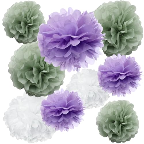 Papier-Pompons zum Aufhängen, für Mädchen, Babyparty, Hochzeit, Junggesellinnenabschied, Geburtstag, Party, Kinderzimmer, Klassenzimmer, Dekoration, Lila, Lavendel, Salbei, Grün, 9 Stück von ALLHEARTDESIRES