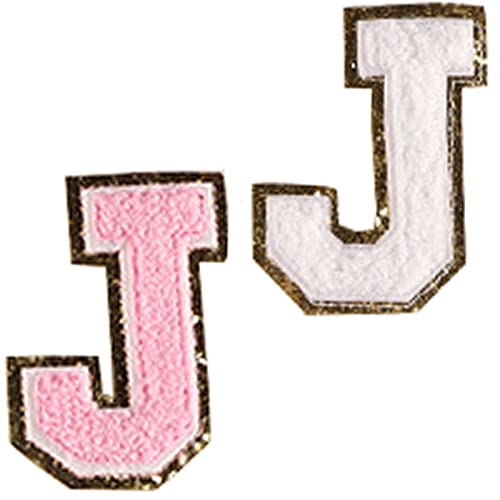 Buchstaben-Aufnäher zum Aufbügeln, Buchstaben-Glitzer-Flicken mit goldenem Glitzerrand, selbstklebende Rückseite (Rosa + Weiß, J, 2 Stück) von ALLHOLA