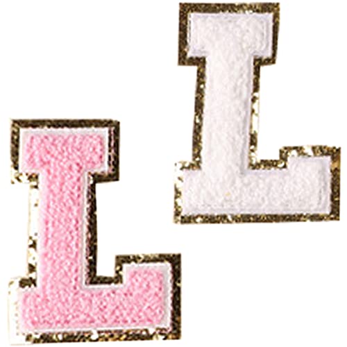 Buchstaben-Aufnäher zum Aufbügeln, Buchstaben-Glitzer-Flicken mit goldenem Glitzerrand, selbstklebende Rückseite (Rosa + Weiß, L, 2 Stück) von ALLHOLA