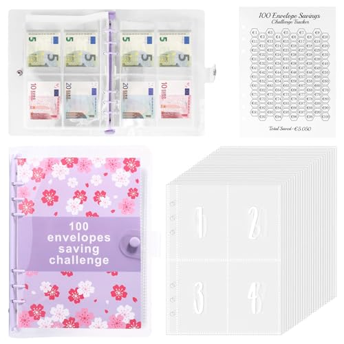 ALLOMN 100 Envelope Saving Challenge Euro, A5 Budgetplaner mit Challengers Tracker + Pre-numbered Taschen Sparbuch für Geld Challenge, Geldsparung Geldordner Sparbuch Ringbuch für Budget Binder (Lila) von ALLOMN