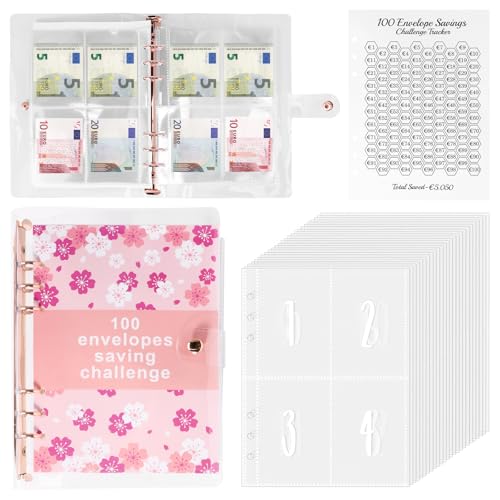ALLOMN 100 Envelope Saving Challenge Euro, A5 Budgetplaner mit Challengers Tracker + Pre-numbered Taschen Sparbuch für Geld Challenge, Geldsparung Geldordner Sparbuch Ringbuch für Budget Binder (Rosa) ALLOMN 100 Envelope Saving Challenge Euro, A5 Budgetplaner mit Challengers Tracker + Pre-numbered Taschen Sparbuch für Geld Challenge, Geldsparung Geldordner Sparbuch Ringbuch für Budget Binder (Rosa) von ALLOMN