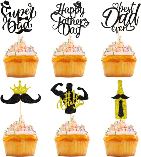 ALLY-MAGIC Y9HJFQCP Tortenaufsätze zum Vatertag, mit Aufschrift "Happy Father's Day", Cupcake-Topper, schwarzer Glitzer, "Best Dad Ever", Kuchendekorationen für Vatertag, Party, Gastgeschenk, 24 Stück von ALLY-MAGIC
