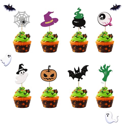 Halloween-Cupcake-Topper, 16 Stück, glänzende Kuchendekoration, Kürbis, Spinnennetz, Fledermaus und Geist für Halloween-Party-Dekorationen, Y11WSJSLDGCP von ALLY-MAGIC