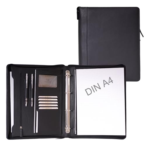 ALMADIH Leder A4 Aktenmappe mit Reißverschluss, Tragegriff und Ringmechanik Premium Rindsleder Schwarz Onyx - Ledermappe Konferenzmappe Dokumentenmappe Schreibmappe Organizer Tagungsmappe (Schwarz) von ALMADIH