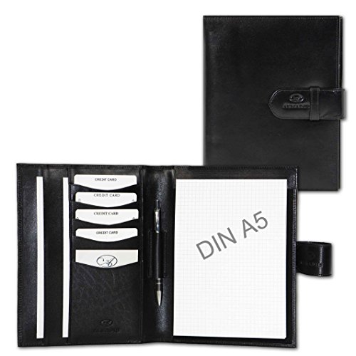 ALMADIH Leder A5 Schreibmappe mit Schreibblock Premium Rindsleder Schwarz Onyx Ledermappe Mappe Dokumentenmappe Organizer Konferenzmappe Systemplaner Aktenmappe Planer Notizbuch Notizblock (Schwarz) von ALMADIH