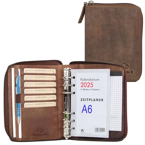 ALMADIH Leder A6 Organizer Reißverschluss Kalender 2024 Notizblock Premium Rindsleder Braun Vintage Geschenkbox Ledermappe Mappe Schreibmappe Terminplaner Terminkalender Konferenzmappe (A6-O-BV) von ALMADIH