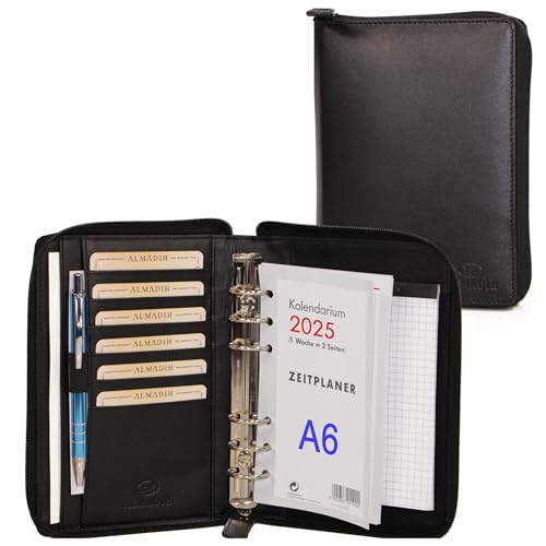 ALMADIH Leder A6 Organizer mit Reißverschluss, Kalender 2024 Notizblock Premium Rindsleder Schwarz in Geschenkbox Ledermappe Mappe Schreibmappe Terminplaner Terminkalender Aktenmappe (A6-O-S) von ALMADIH